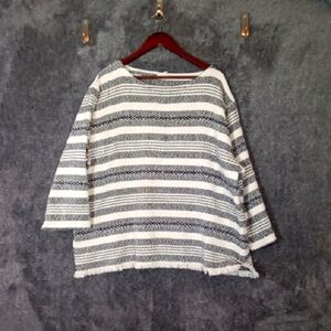 Eileen Fisher System Striped Woven Fringe Sweater Organic Cotton Womens XL
